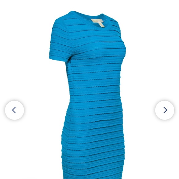 Michael Kors turquoise scalloped edge stretchy striped bodycon dress - Picture 2 of 12